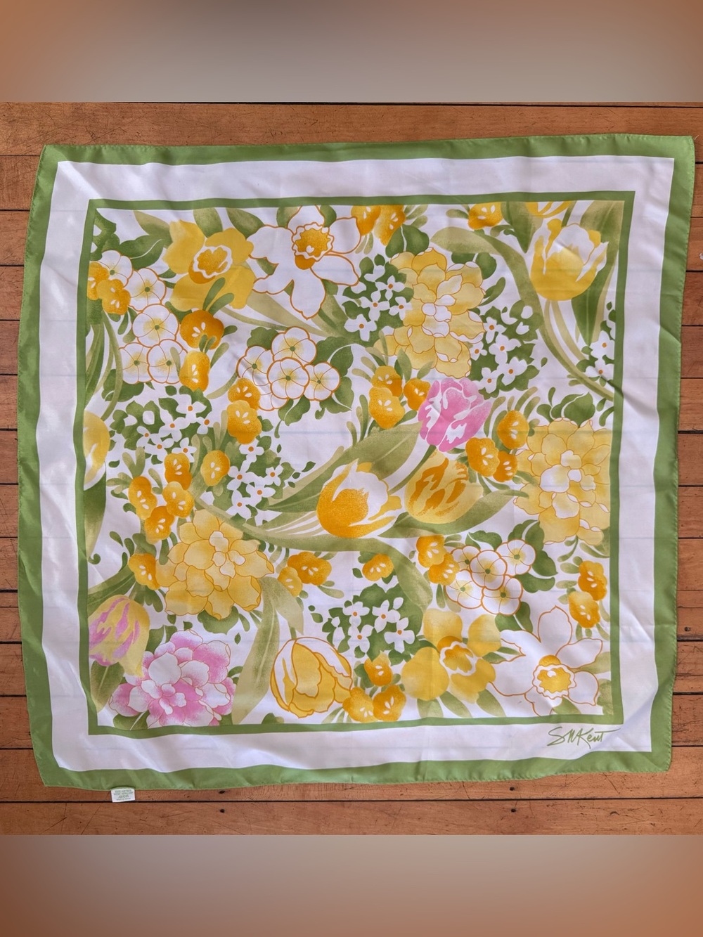 Vintage Floral Silk Scarf in Yellow, Green & Pink